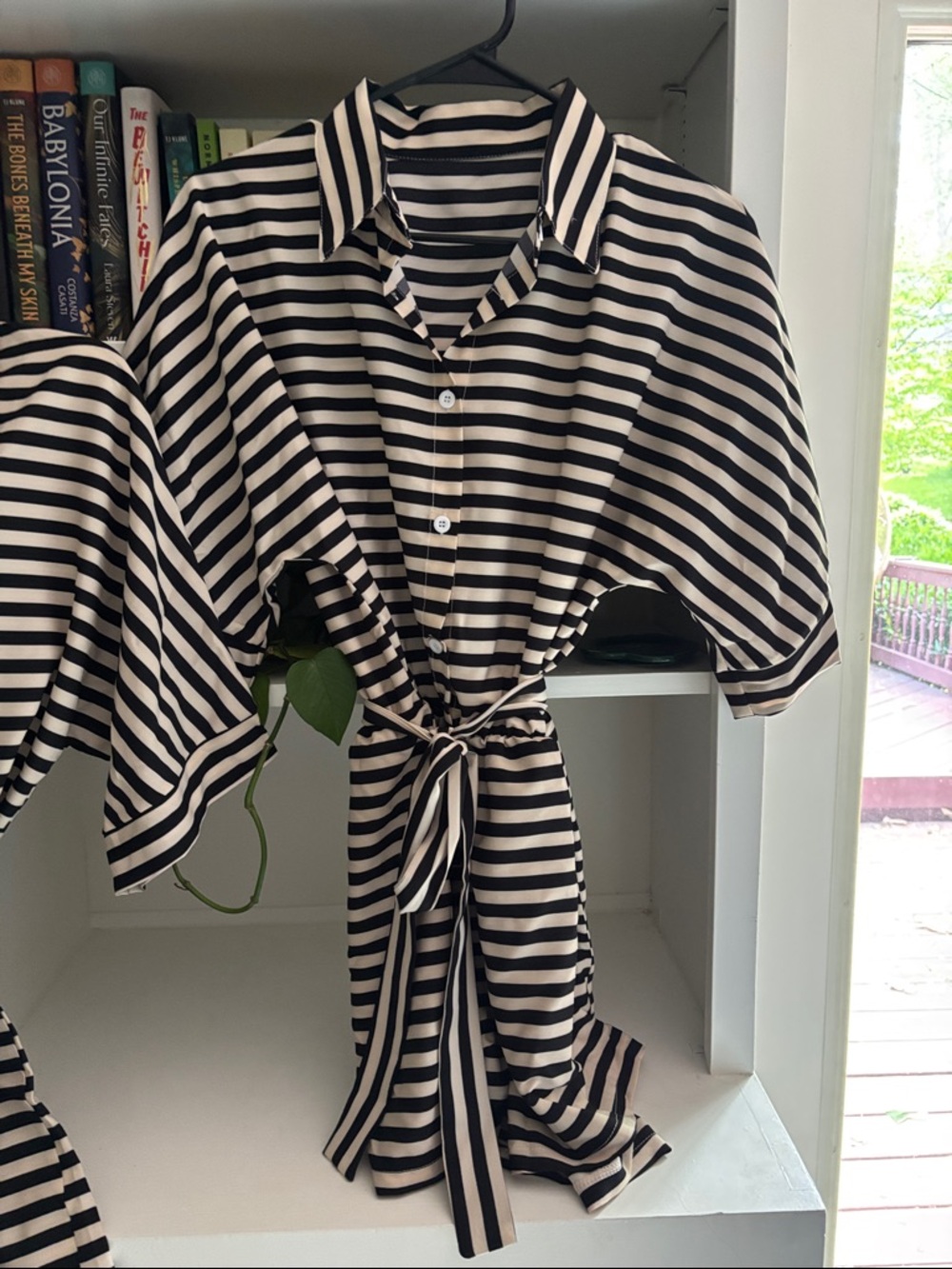 Black and Cream Striped Button Front Tie-Waist Romper